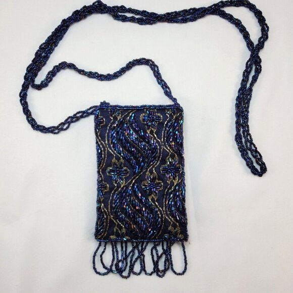 Vintage Blue Beaded Evening Bag With Fringe & Strap - Picture 5 of 12